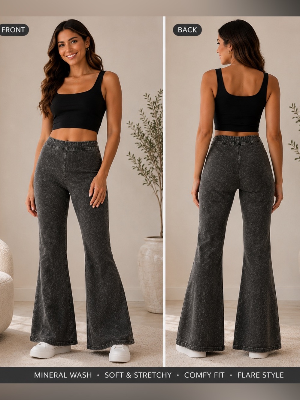 Chatoyant Mineral Wash Bell Bottom Flare Pants – Gray olive Stretch Boho
